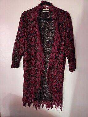 Pretty Fancy Lace Open-Front Cardigan Sweater in Burgundy